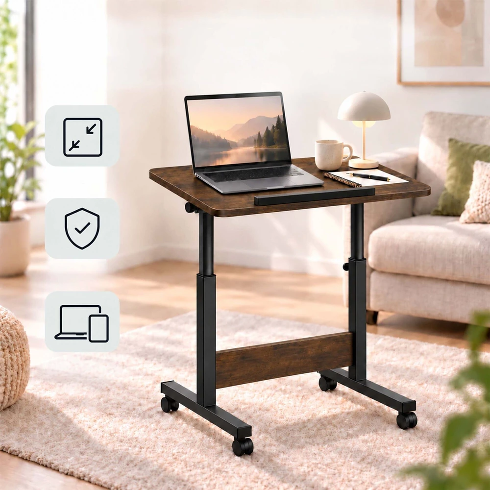 Relaxdays Reguliuojamas nešiojamojo kompiuterio stalas ant ratukų, juoda-ruda, 67-90 cm