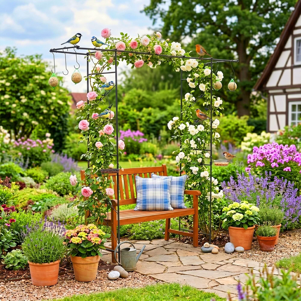 Relaxdays Rožių arka su paukščių vonelė ir lesykla