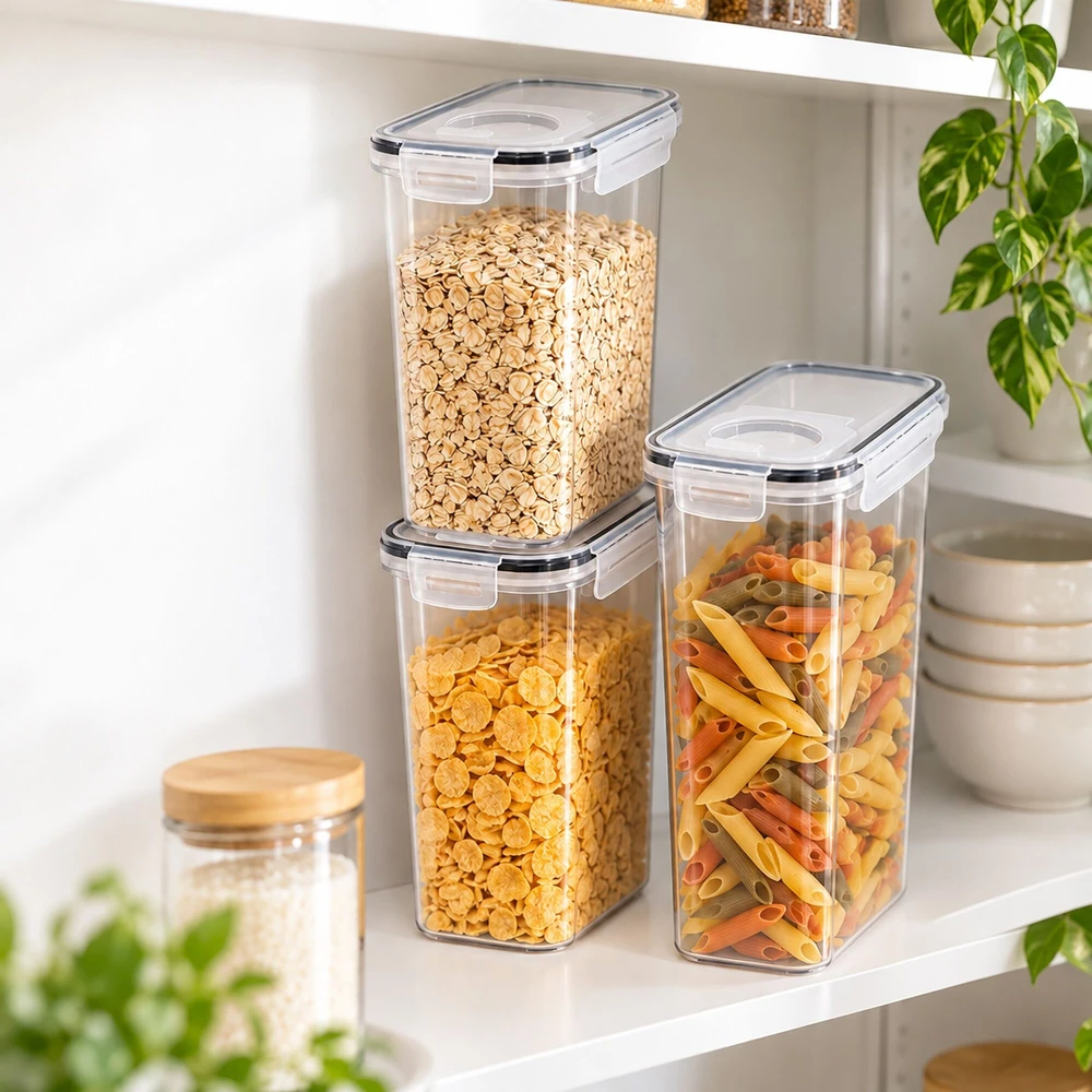 Relaxdays Sausų produktų dėžės su 4 krypčių užraktu, sudedamos, su pylimo funkcija