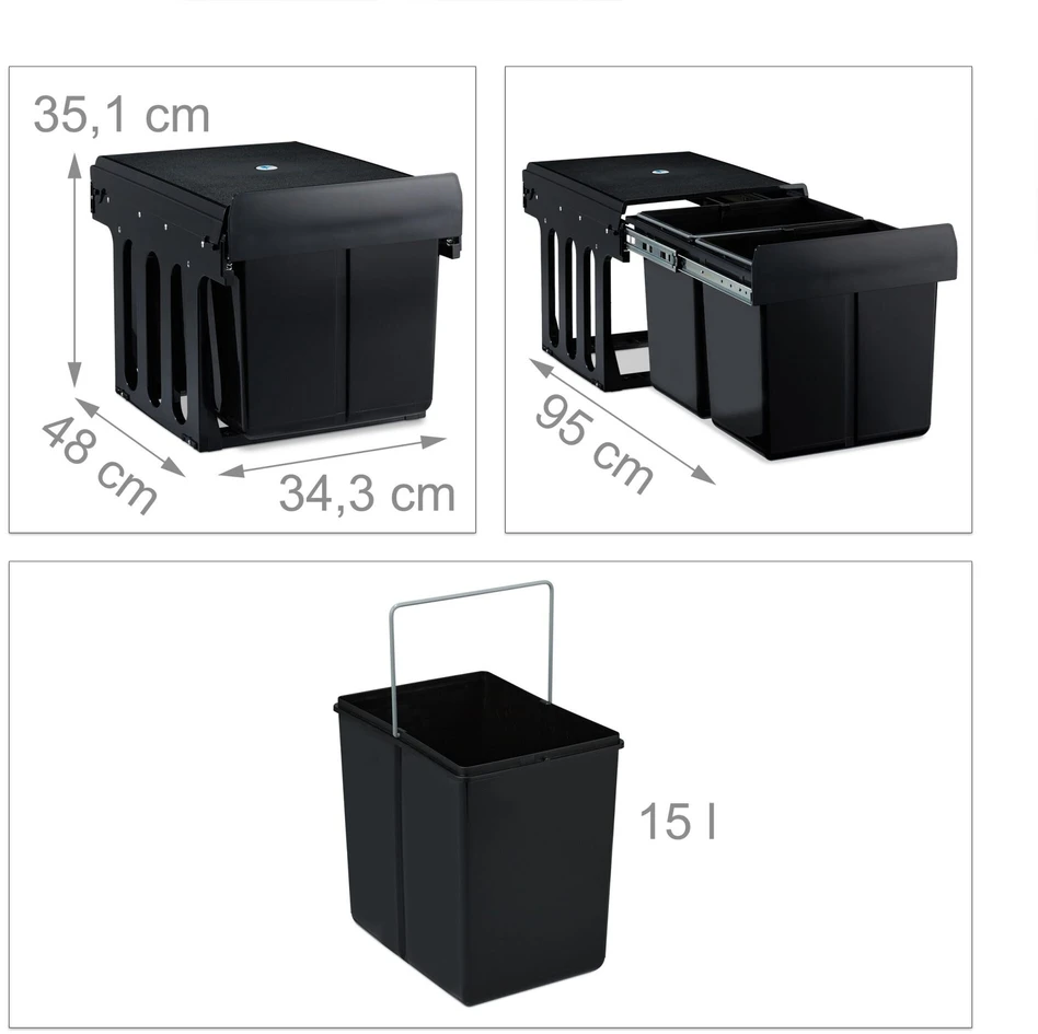 Relaxdays Juodas įmontuojamas atliekų rūšiavimo konteineris 2x15L