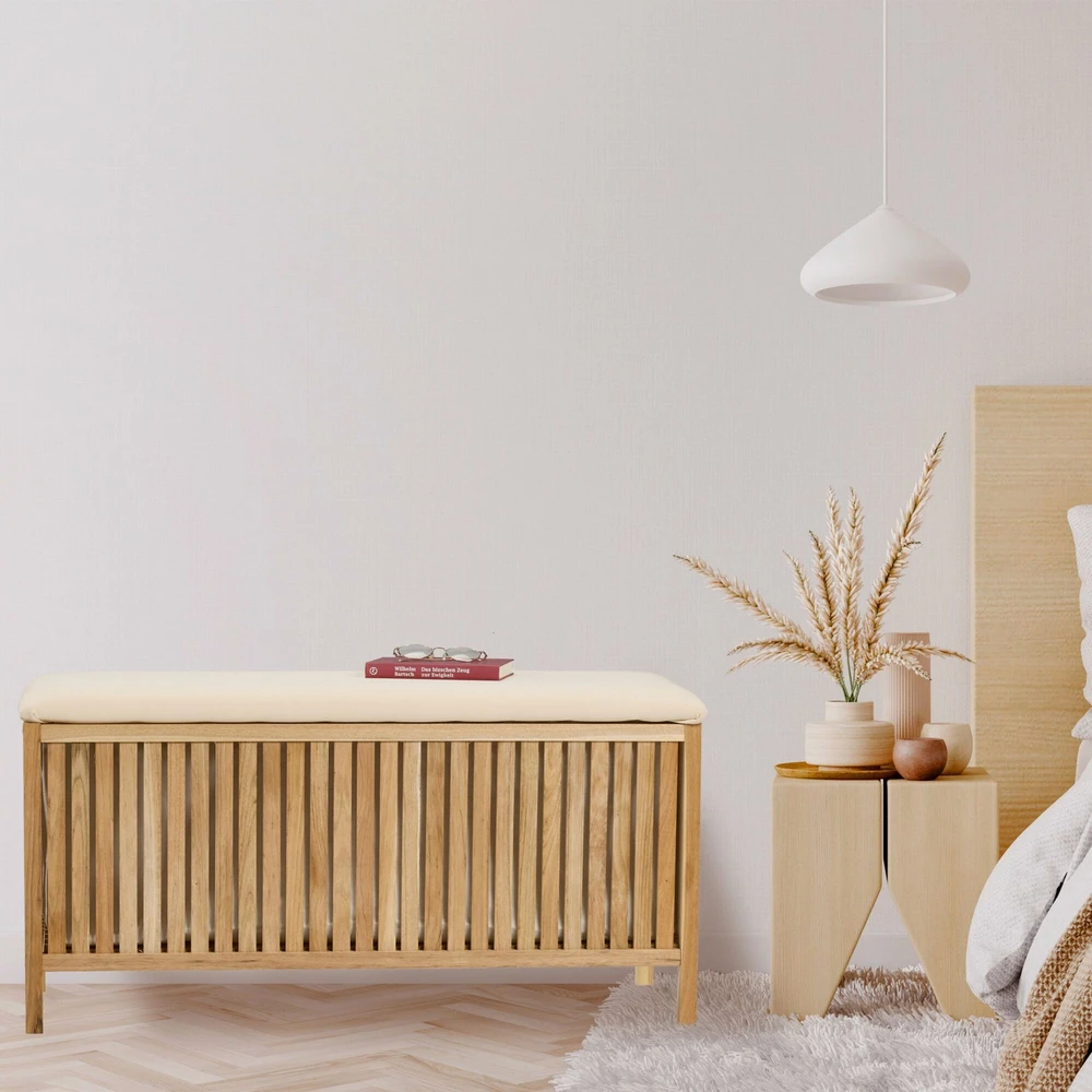 Relaxdays Skalbinių skrynia su suoliuku iš riešutmedžio