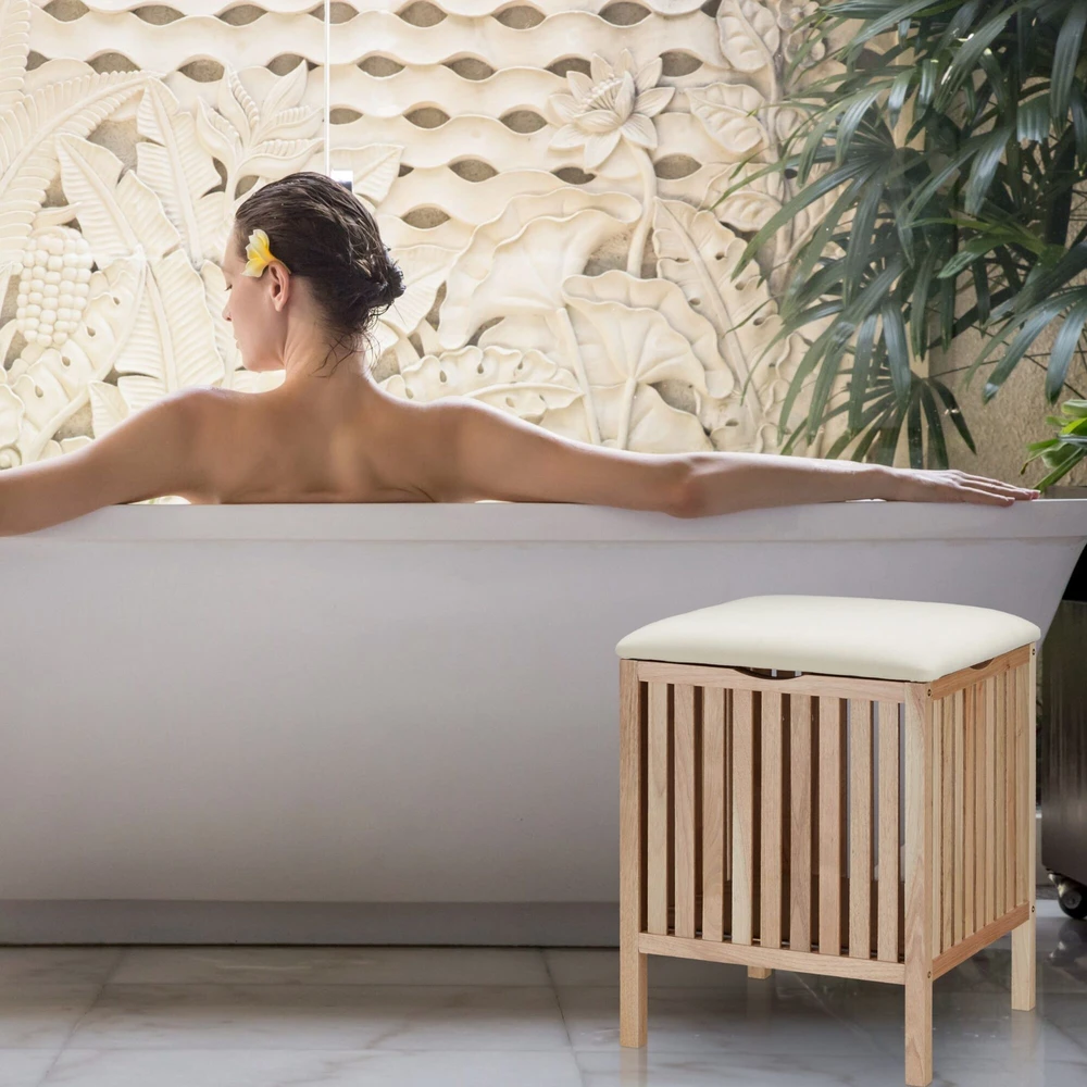 Relaxdays Skalbinių krepšys su sėdyne iš riešutmedžio