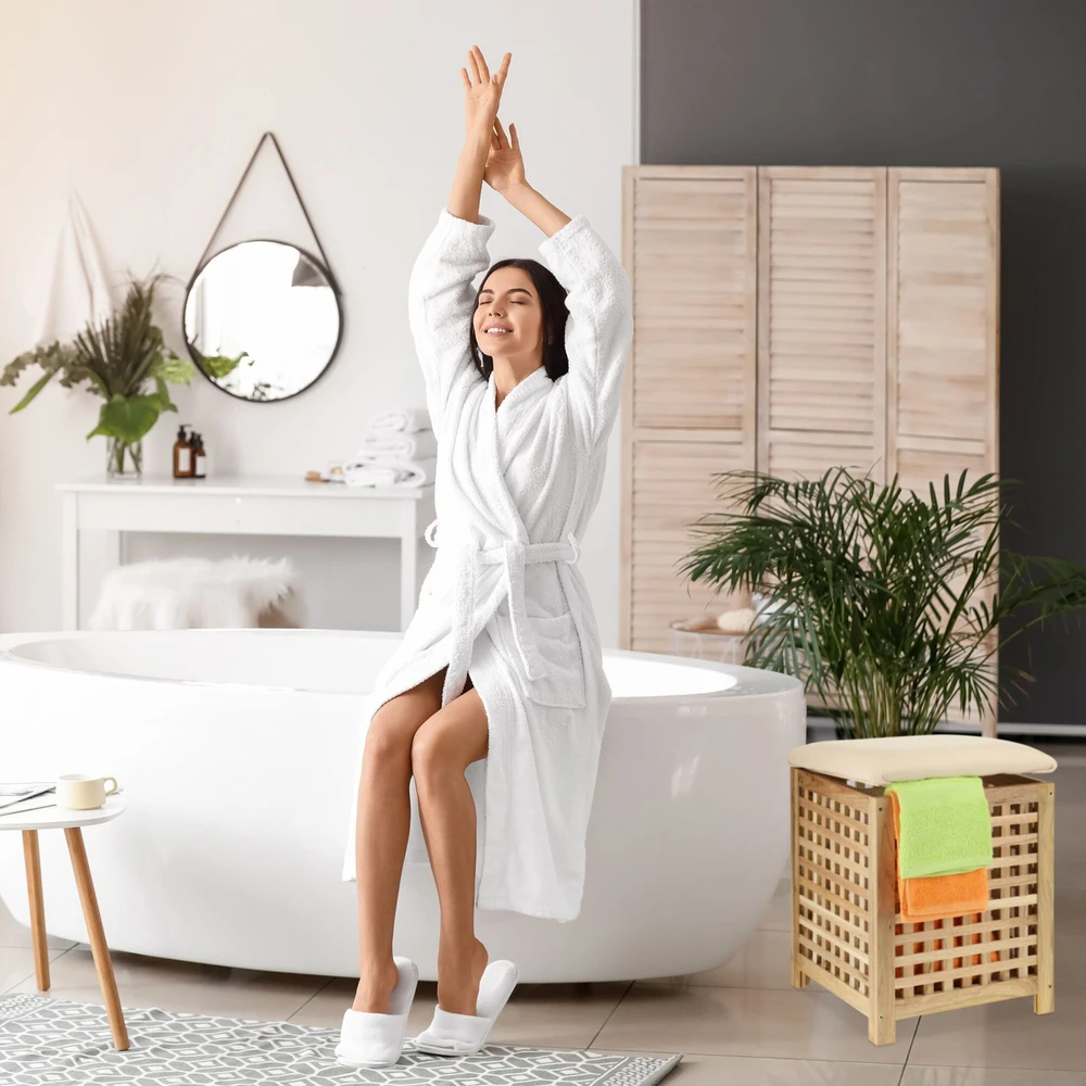 Relaxdays Skalbinių krepšys su sėdyne, riešutmedžio spalvos