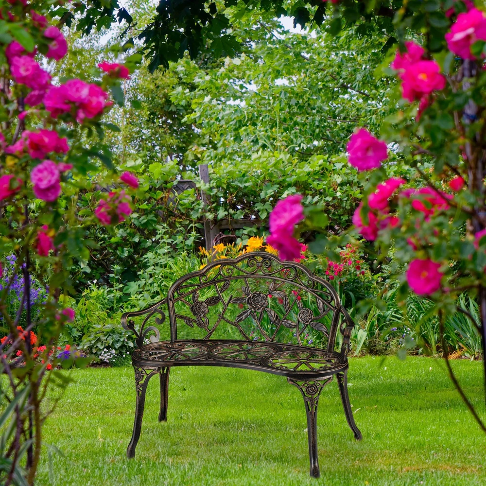 Relaxdays Sodo suoliukas su rožių ornamentais