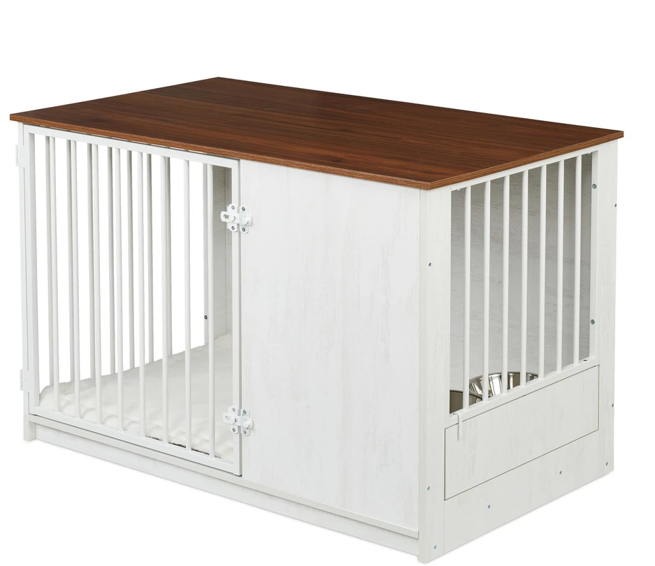 Relaxdays Šunų narvas, 2 dubenėliai, balta
