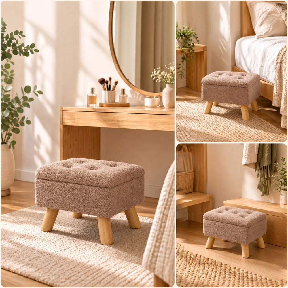 Relaxdays Taburetė su daiktadėže, teddy audinio sėdynė, MDF korpusas, medinės kojos