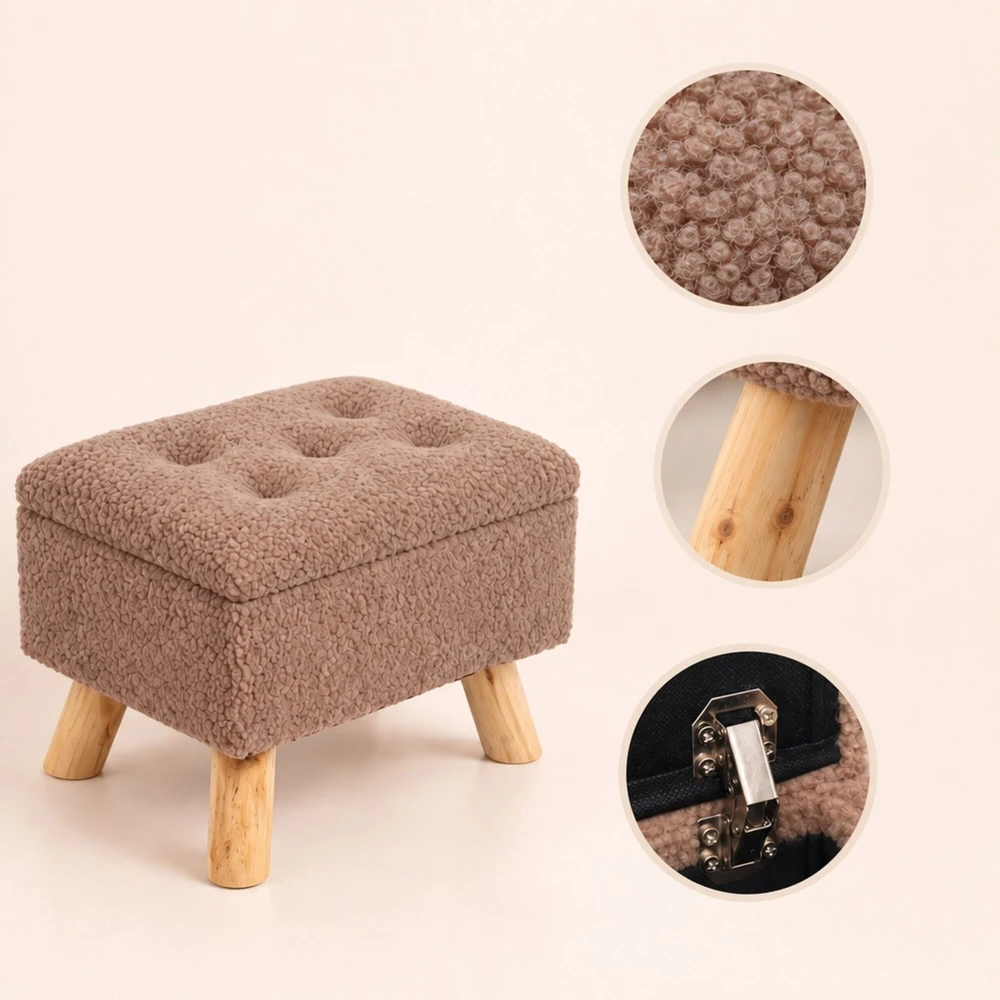 Relaxdays Taburetė su daiktadėže, teddy audinio sėdynė, MDF korpusas, medinės kojos