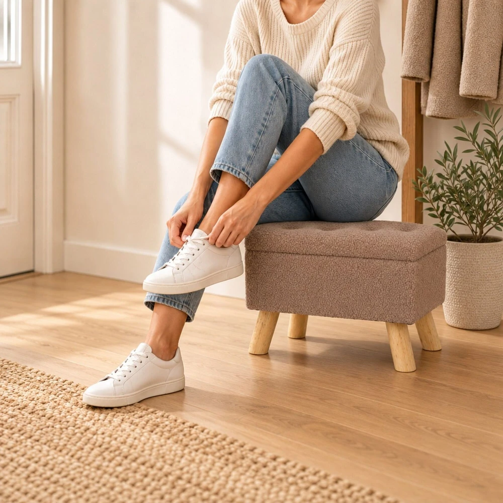 Relaxdays Taburetė su daiktadėže, teddy audinio sėdynė, MDF korpusas, medinės kojos