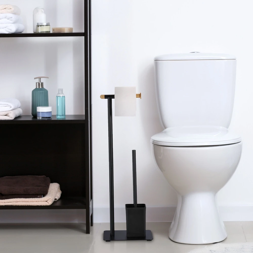 Relaxdays Juodas bambuko ir nerūdijančio plieno WC rinkinys