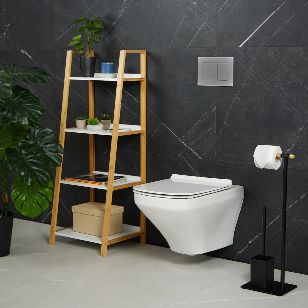 Relaxdays Juodas bambuko ir nerūdijančio plieno WC rinkinys