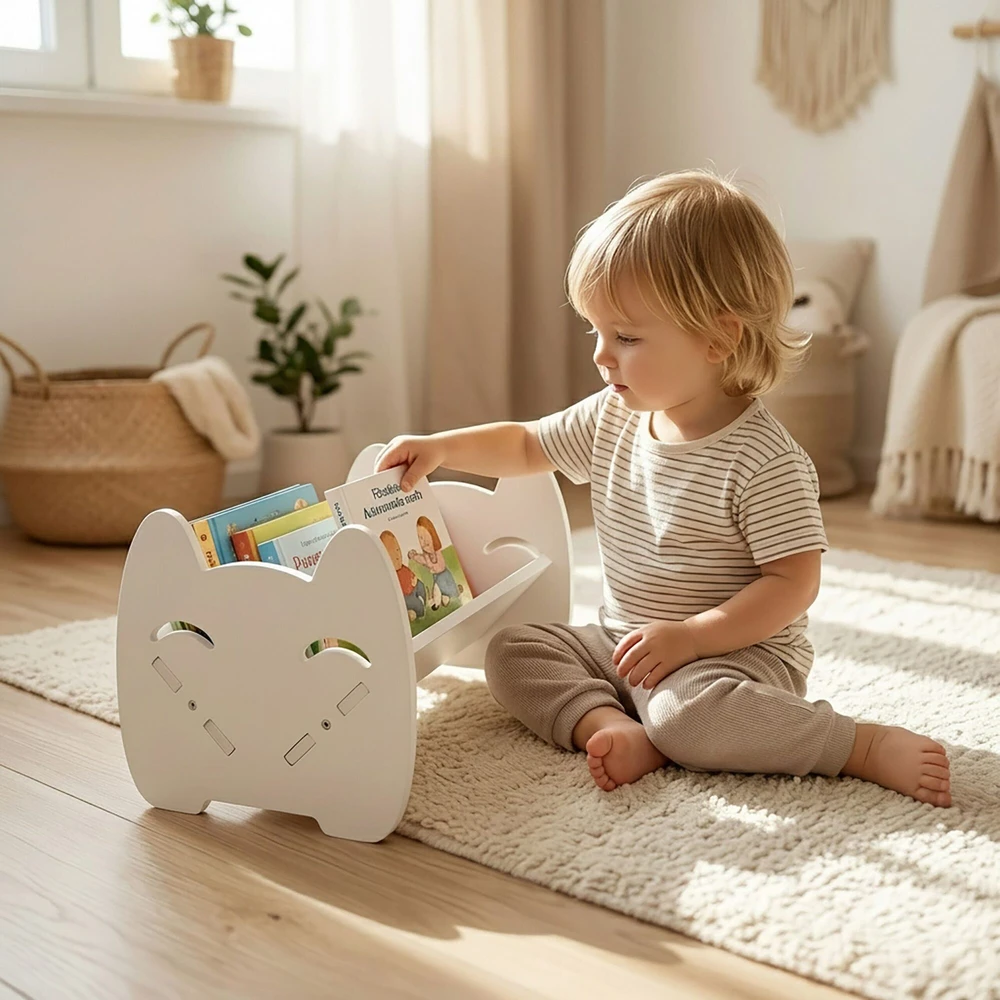 Relaxdays Vaikiška stalo knygų lentyna su katės dizainu, balta, PVC