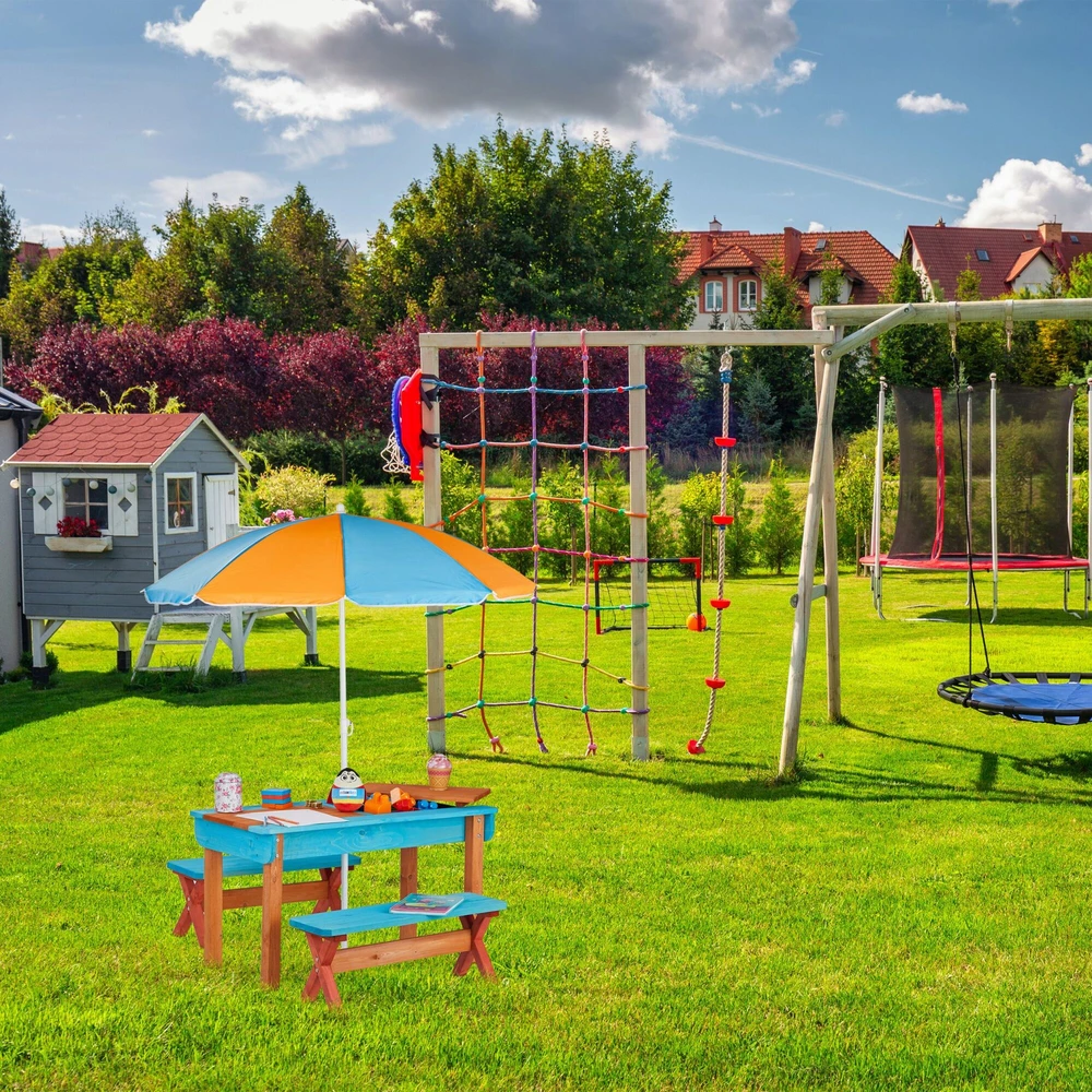 Relaxdays Vaikiškas pikniko stalo rinkinys su skėčiu nuo saulės