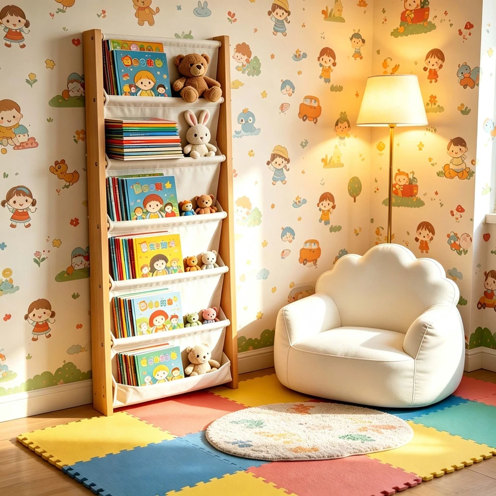 Relaxdays Vaikų sieninė knygų lentyna su audinio kišenėmis