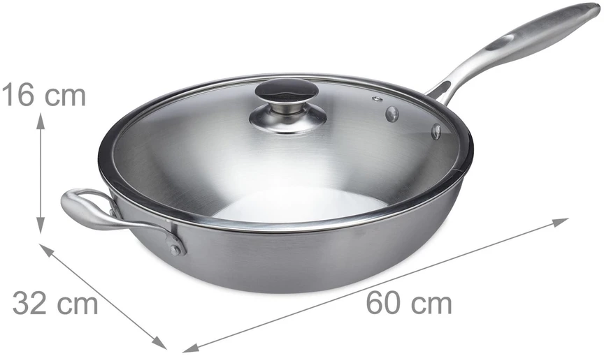 Relaxdays Nerūdijančio plieno wok keptuvė su stikliniu dangčiu