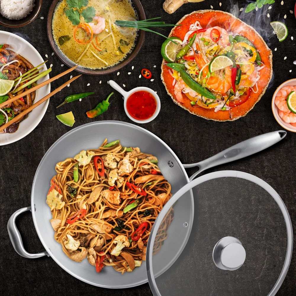 Relaxdays Nerūdijančio plieno wok keptuvė su stikliniu dangčiu