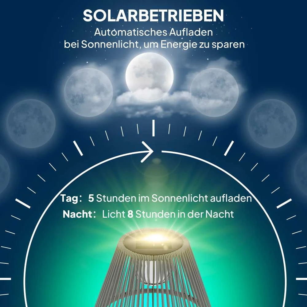 Outsunny saulės energija varomas pastatomas šviestuvas, rotango stiliaus, su šviesos jutikliu, 25 šviesos diodai, automatinis, Boho stiliaus, IP44 atsparus vandeniui lauko šviestuvas sodui, balkonui, kiemui, Ø33x135 cm