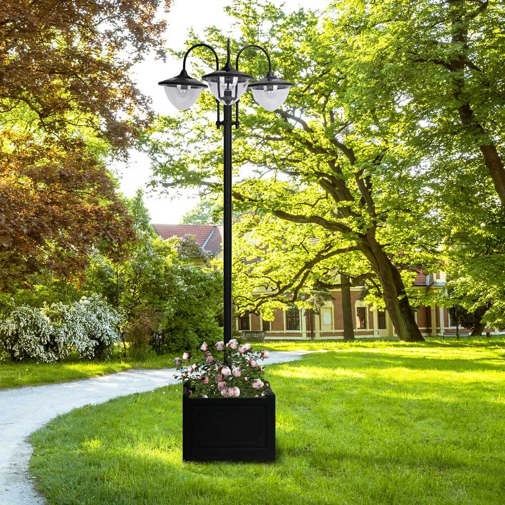 Outsunny saulės energija veikiantis sodo šviestuvas, 3 lempų galvučių šviestuvas su vazono pagrindu, atsparus vandeniui, nerūdijantis plienas, 60x55x189 cm