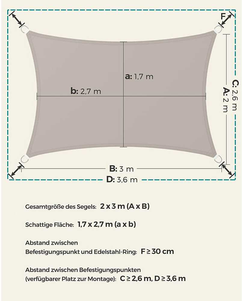Songmics Stačiakampė saulės burė su PU danga, taupe, 2 x 3 m