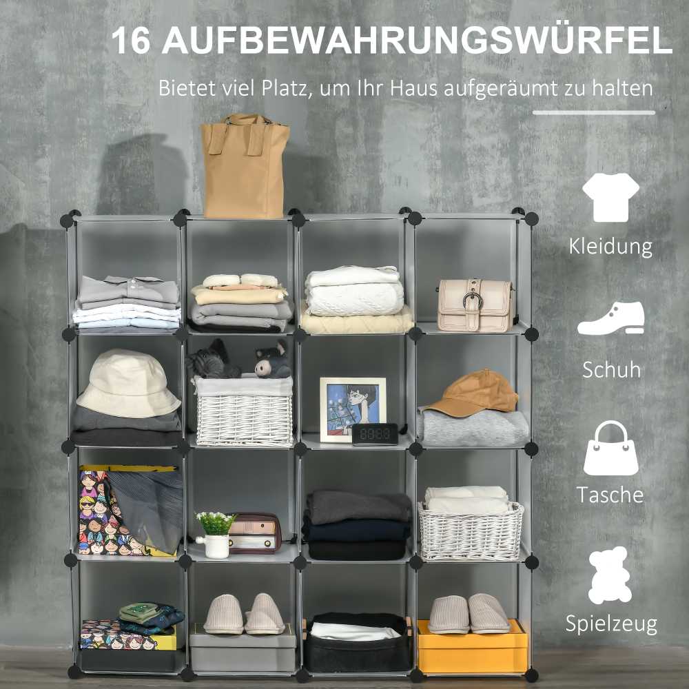 HOMCOM DIY kubų lentynų sistema su 16 kubų, daiktadėžė, plastikinė spintelė, balta, 125x32x125 cm