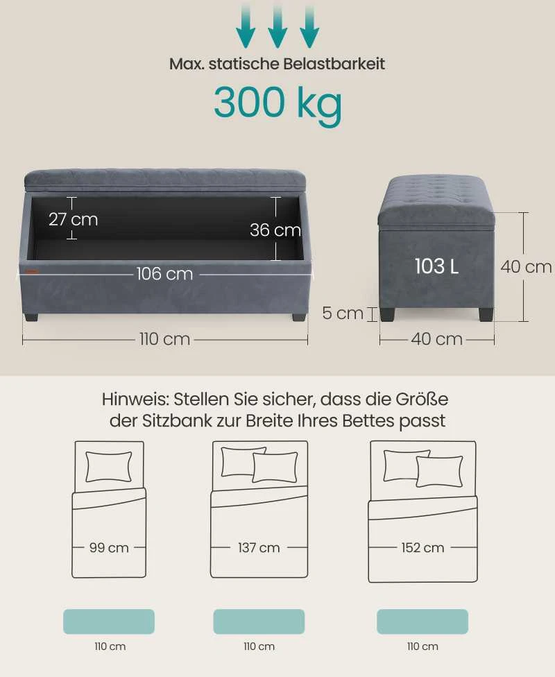 Songmics Taburetė su daiktadėže 40 x 110 x 40 cm skalūno pilkos spalvos