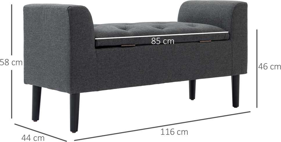 HOMCOM suoliukas su daiktadėže, minkštas suoliukas, sėdėjimo pufas, keliamoji galia iki 130 kg, liną primenantis audinys, kaučiukmedis, tamsiai pilkas, 116 x 44 x 58 cm