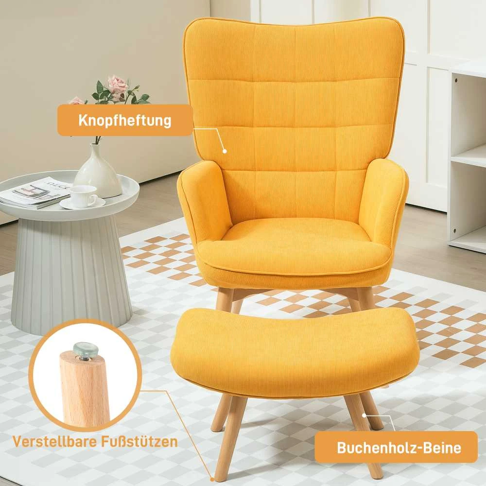 HOMCOM poilsio fotelis su pakoja, minkštas fotelis iš velveto, fotelis su medinėmis kojelėmis, televizoriaus fotelis svetainei, oranžinis
