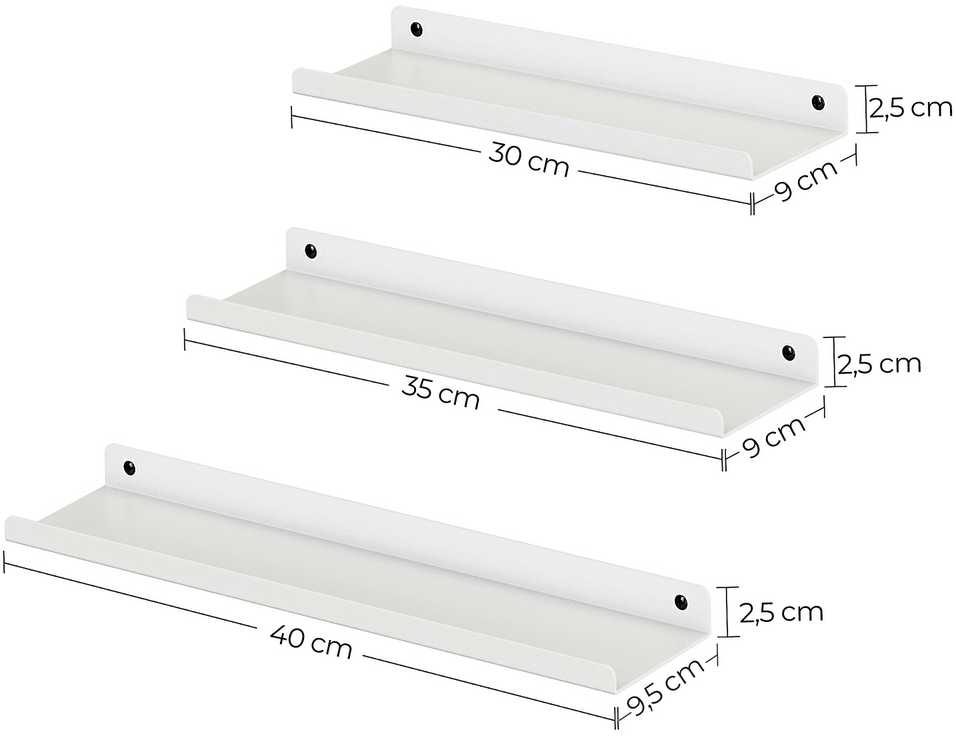 Songmics Sieninė lentyna, 30x9x2,5 cm 35x9x2,5 cm 40x9,5x2,5 cm, balta