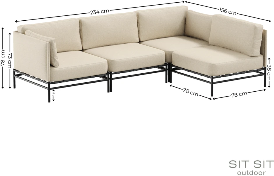Lauko modulinės baldai, DANDY 3 + vienas modulis, 156x234x78 cm, kreminė spalva