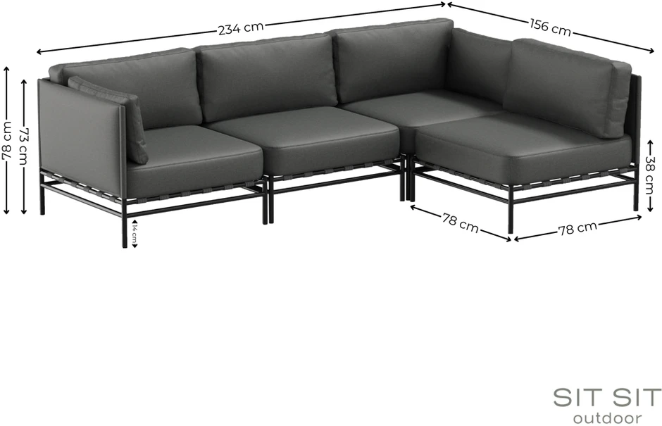 Sofa Sitsit Lauko moduliniai baldai, DANDY 3 + vienas modulis, 156x234 cm, tamsiai pilka spalva