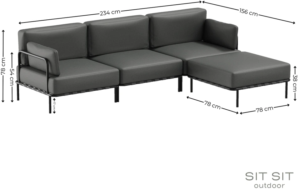 Sofa Sitsit Modulinės Baldai, SALVE 3' + Pufas, 156x234x78 cm, Tamsiai Pilka