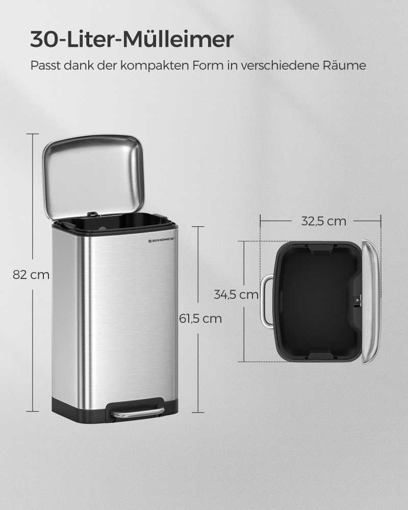 Songmics Šiukšliadėžė 30L nerūdijančio plieno