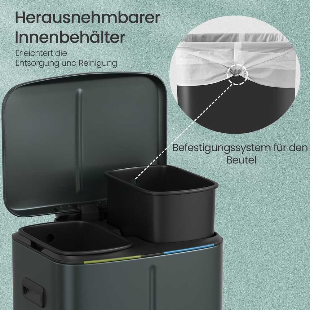SONGMICS šiukšlių dėžė 2 x 20 l, šiukšlių rūšiavimo sistema su 2 skyrius, metalinė šiukšlių dėžė