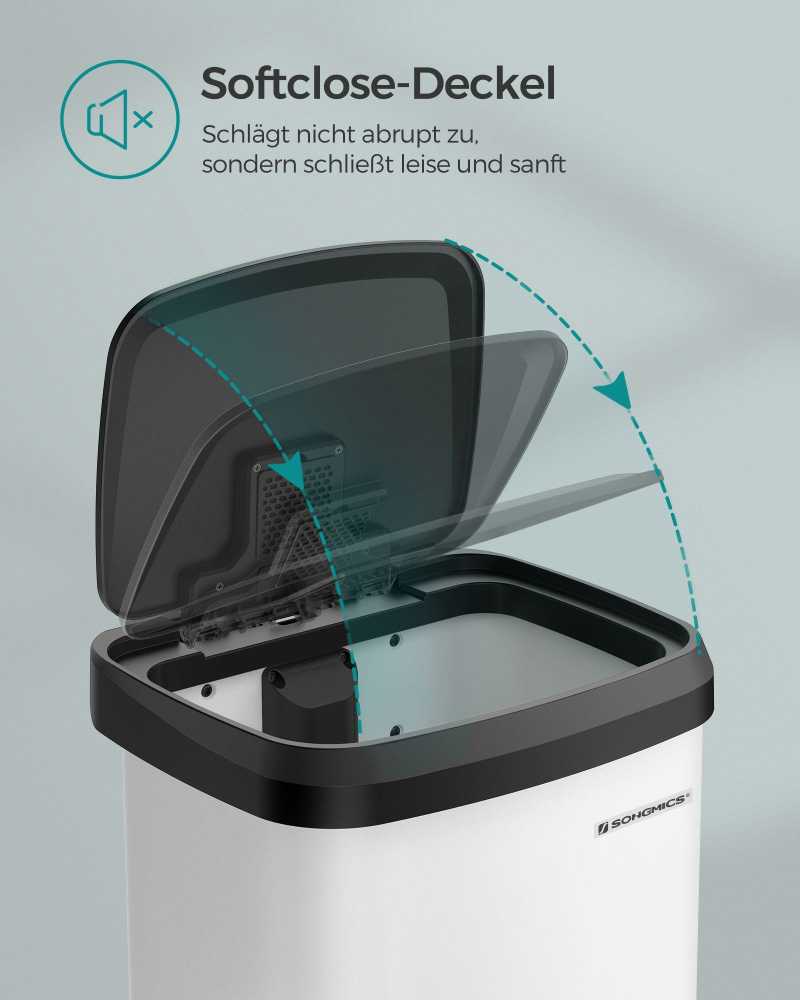 Songmics Virtuvės 50 litrų metalinė šiukšliadėžė su dangčiu balta-juoda