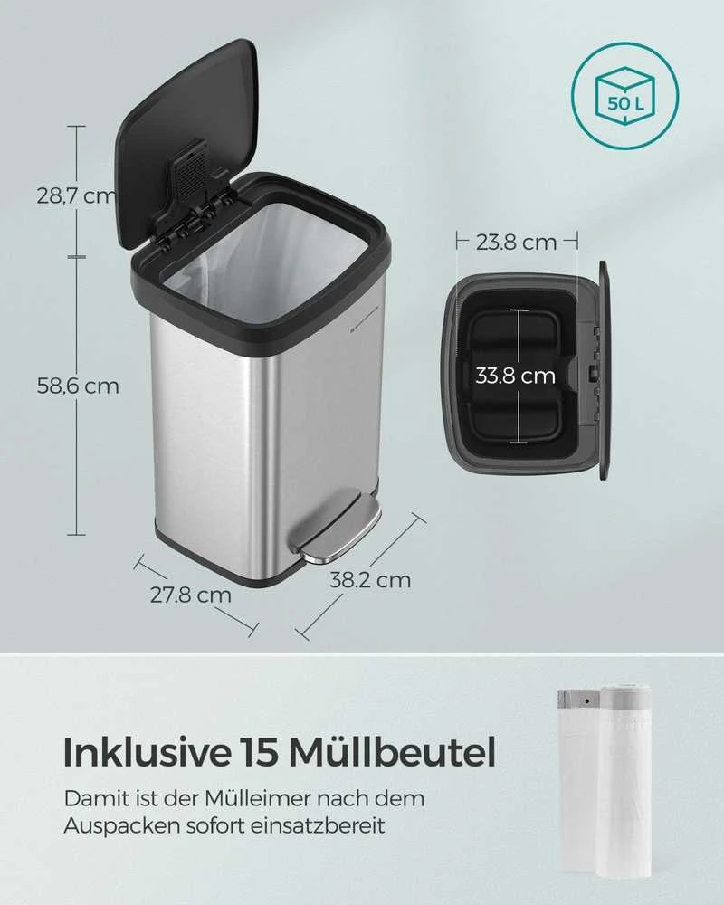 Songmics Virtuvės 50 litrų metalinė šiukšliadėžė su dangčiu sidabriškai juoda