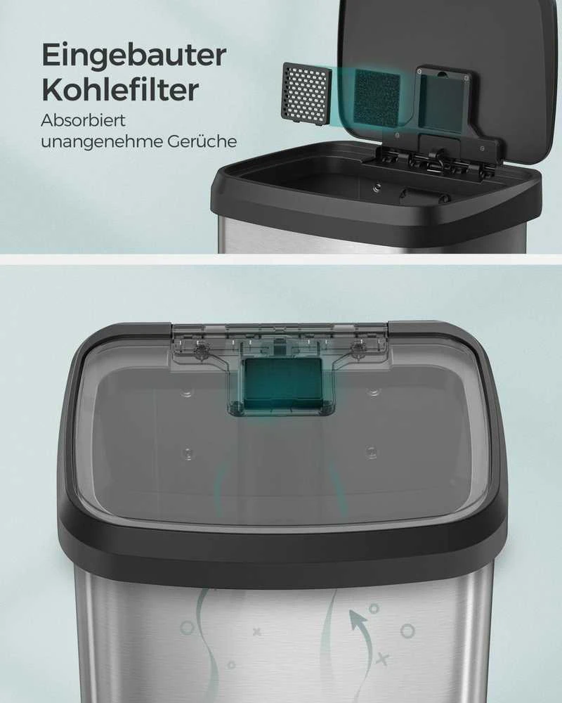 Songmics Virtuvės 50 litrų metalinė šiukšliadėžė su dangčiu sidabriškai juoda