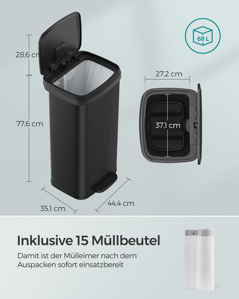 Songmics 68 litrų metalinė 68 litrų virtuvės atliekų dėžė su dangčiu, juoda