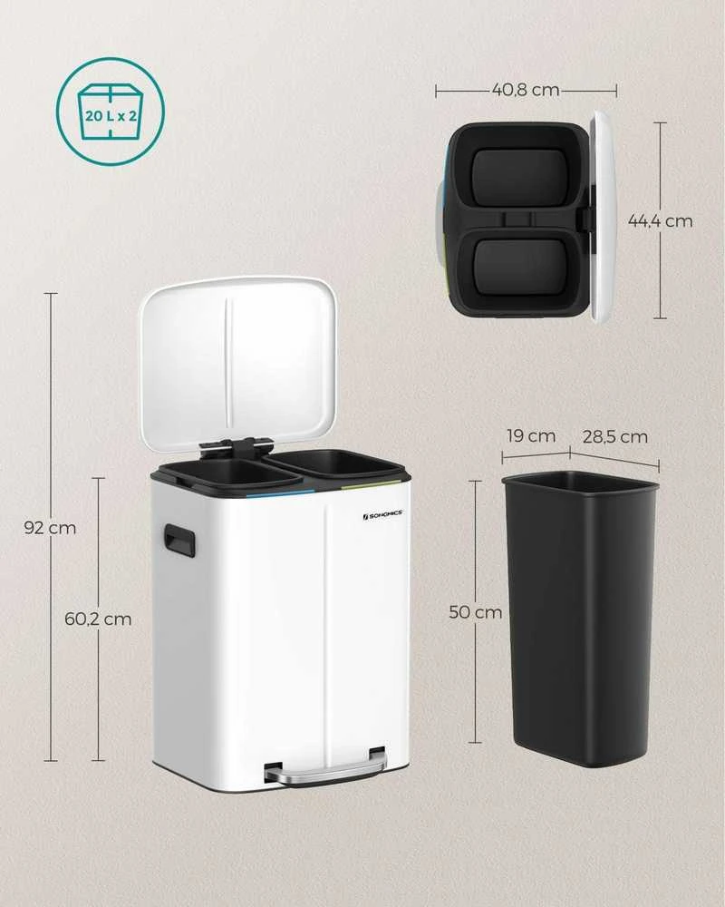 Songmics 40 litrų talpos šiukšliadėžė (2 x 20 l) Balta