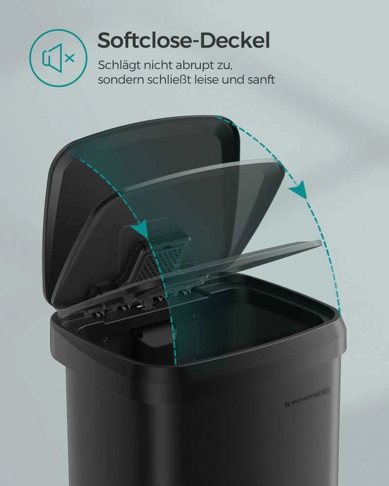 Songmics 50 litrų metalinė šiukšlių dėžė su dangčiu, juoda