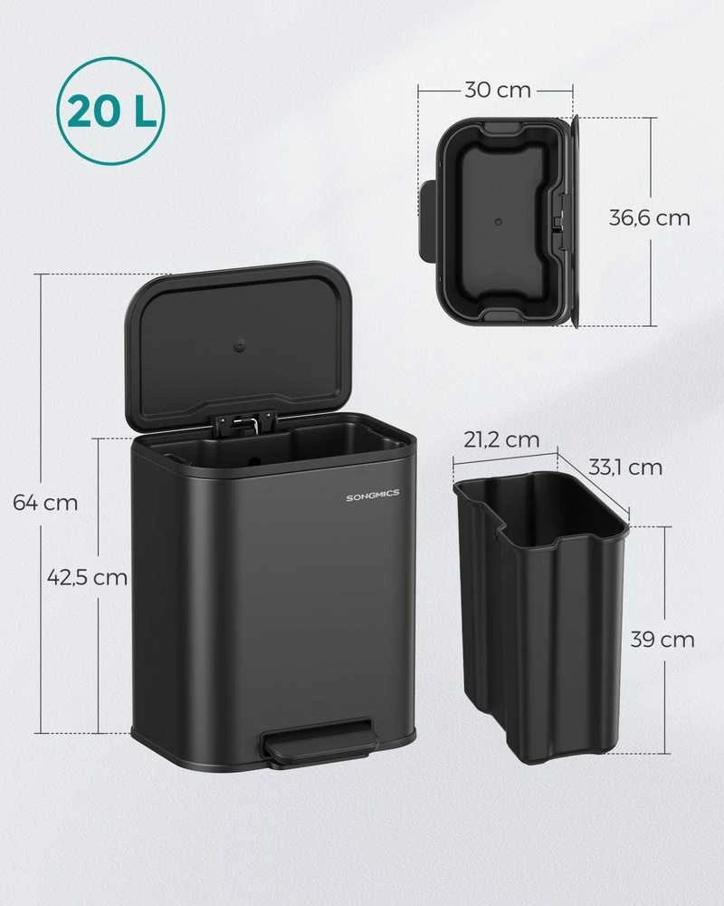 Songmics 20 litrų talpos šiukšliadėžė su dangčiu rašalas juodas