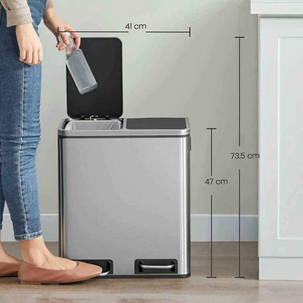 SONGMICS šiukšlių dėžė 2 x 15 litrų, šiukšlių rūšiavimo sistema su 2 skyreliais, įskaitant 15 šiukšlių maišelių