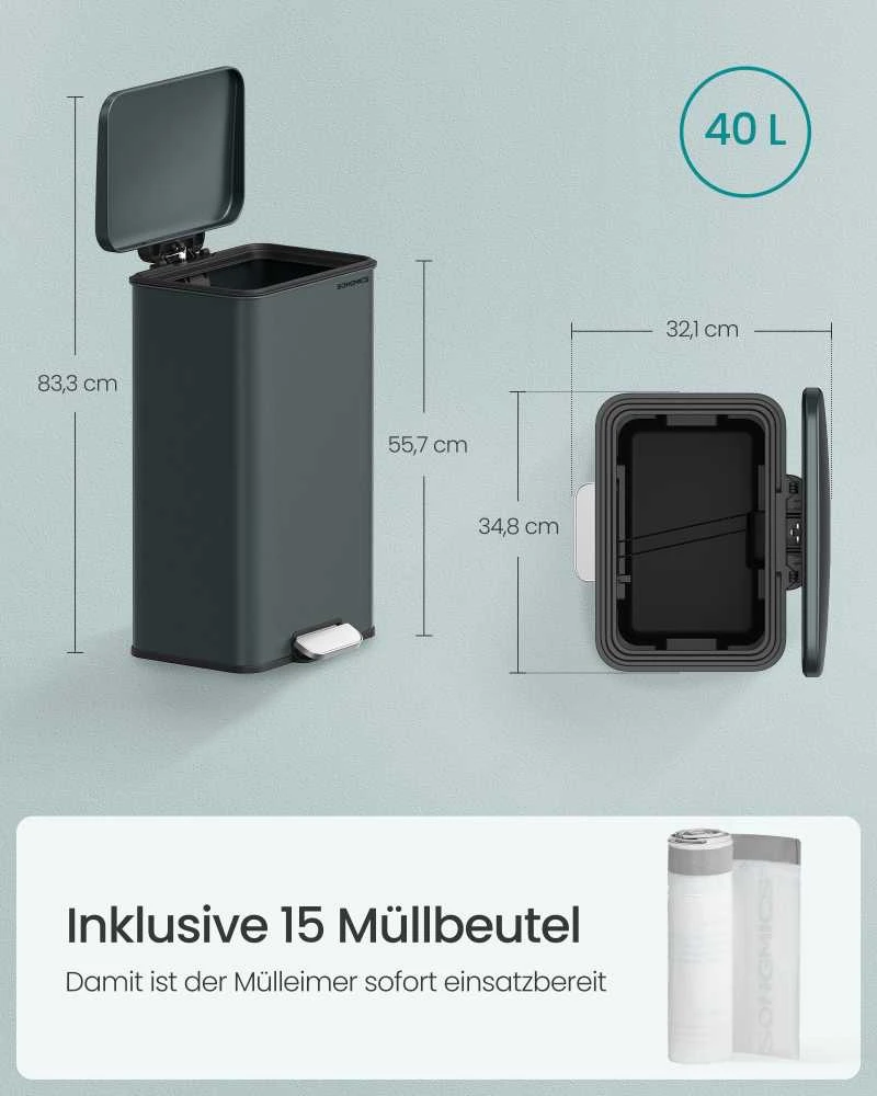 Songmics Virtuvės atliekų dėžė su dangčiu 40 litrų antracito pilkos spalvos