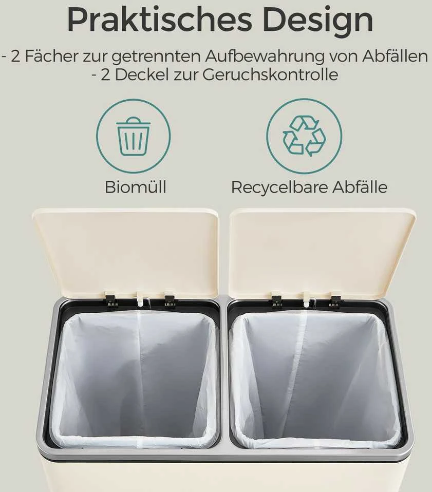 Songmics 2 x 30 litrų talpos šiukšliadėžė su dangčiu ir vidine šiukšliadėže kreminės spalvos balta