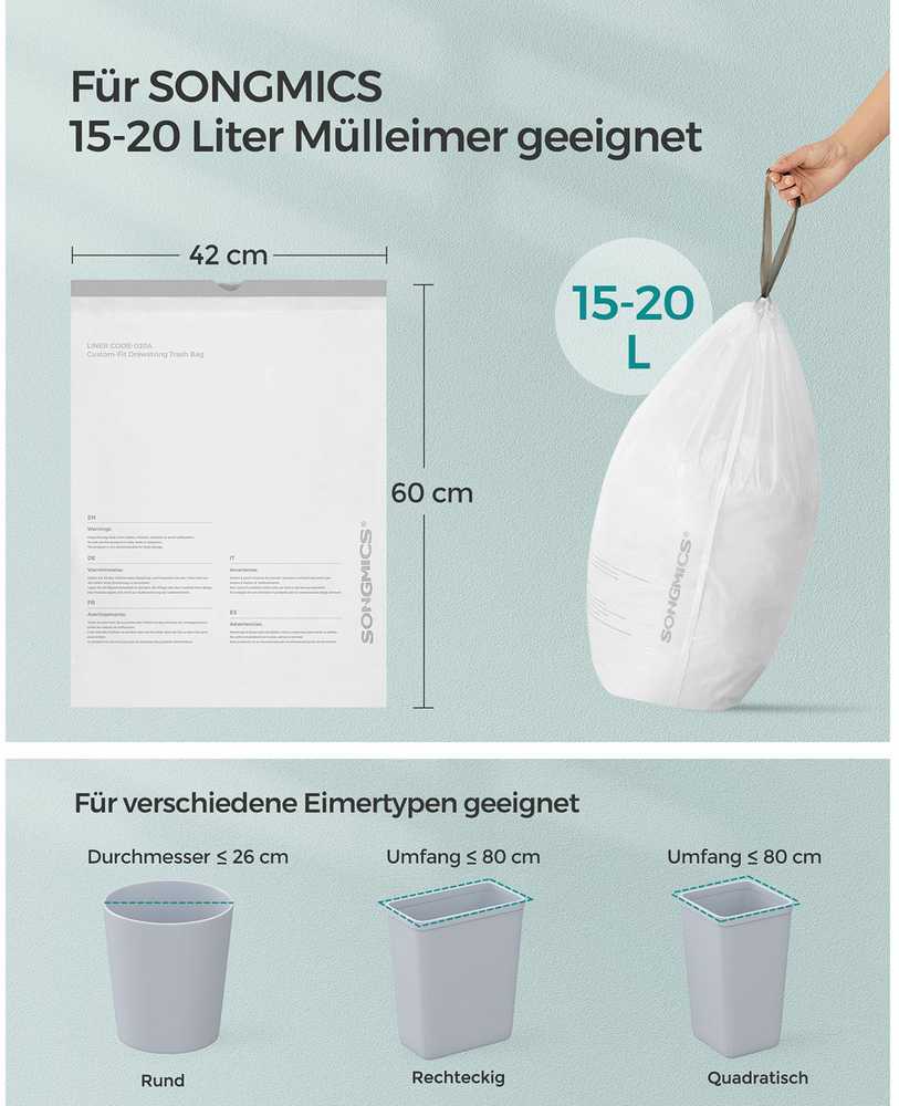 Songmics 15-20 litrų talpos šiukšliadėžių įdėklai su virvele 3 x 40 vnt.