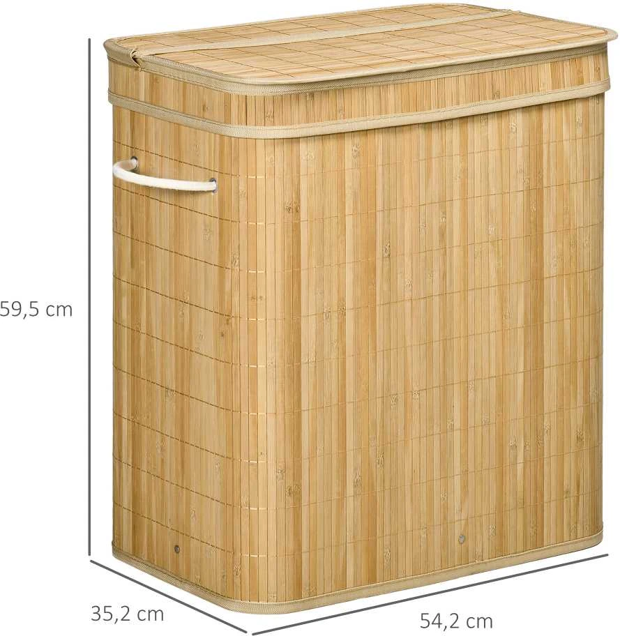 HOMCOM bambukinis skalbinių krepšys su dangčiu ir rankenomis, 90 litrų talpos, 2 skyrių su nuimamu medžiaginiu krepšiu – 54,2 x 35,2 x 59,5 cm