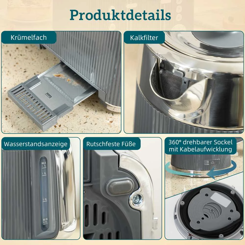 Skrudintuvas Aosom Virdulio ir skrudintuvo rinkinys, 1,7 l 2200 W virdulys, 28x26,8x18,9 cm, pilka, nerūdijantis plienas