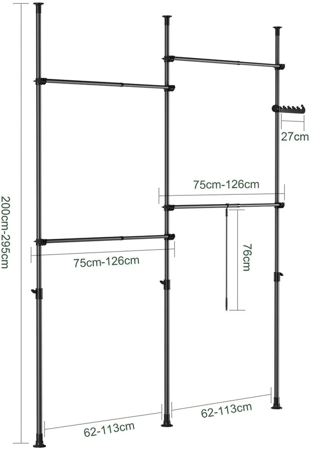 Sobuy Drabužių kabykla, teleskopinė reguliuojama, 124–226x200–295 cm, juoda, metalas