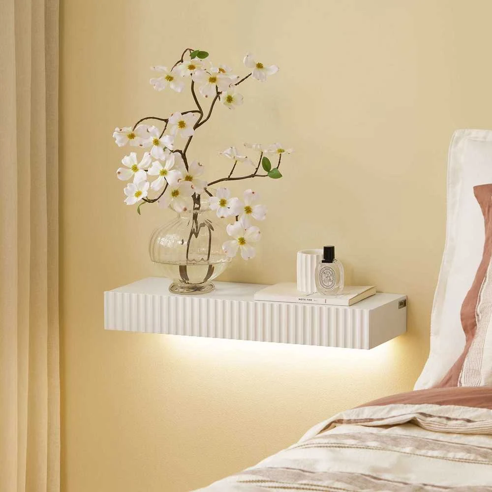 Sobuy Sieninė lentyna su stalčiumi ir LED apšvietimu, 60x20x8 cm, balta, MDF