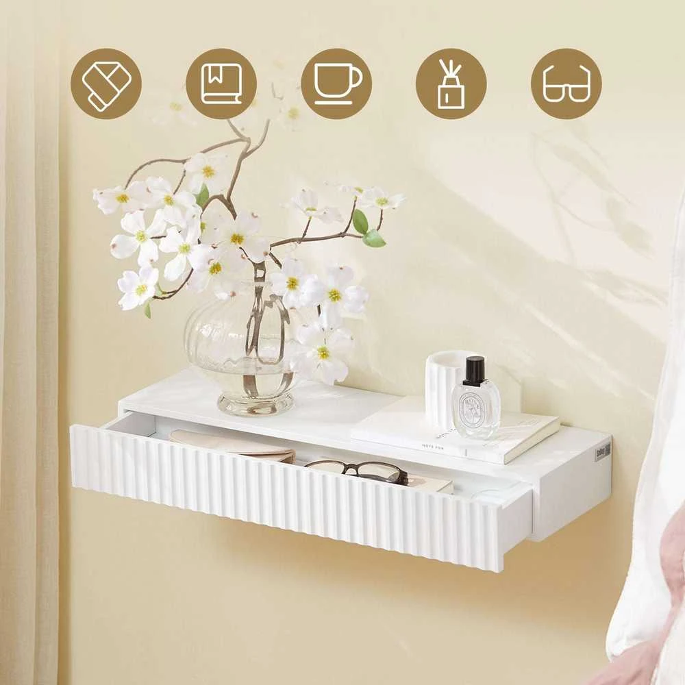 Sobuy Sieninė lentyna su stalčiumi ir LED apšvietimu, 60x20x8 cm, balta, MDF