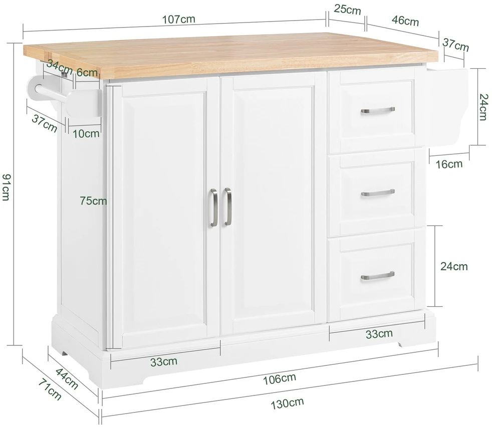 Sobuy Virtuvės sala su stalčiais ir ištraukiama darbastalio dalimi, 130 x 91 x 46–71 cm, balta