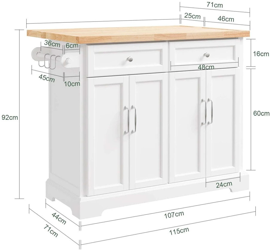 Sobuy Virtuvės sala vežimėlis 115x46/71x92 cm Balta Saugykla